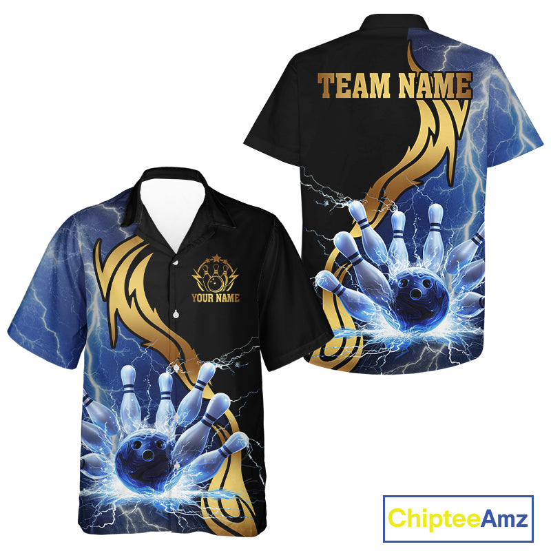 Custom Blue Lightning thunder and Gold Bowling Team Jerseys, Personalized Bowling Hawaiian Shirt NQS10447