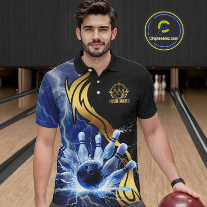 Custom Blue Lightning thunder and Gold Bowling Team Jerseys, Personalized Bowling Shirts for Men NQS10447