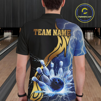 Custom Blue Lightning thunder and Gold Bowling Team Jerseys, Personalized Bowling Shirts for Men NQS10447