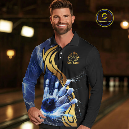 Custom Blue Lightning thunder and Gold Bowling Team Jerseys, Personalized Bowling Shirts for Men NQS10447