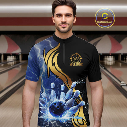 Custom Blue Lightning thunder and Gold Bowling Team Jerseys, Personalized Bowling Shirts for Men NQS10447