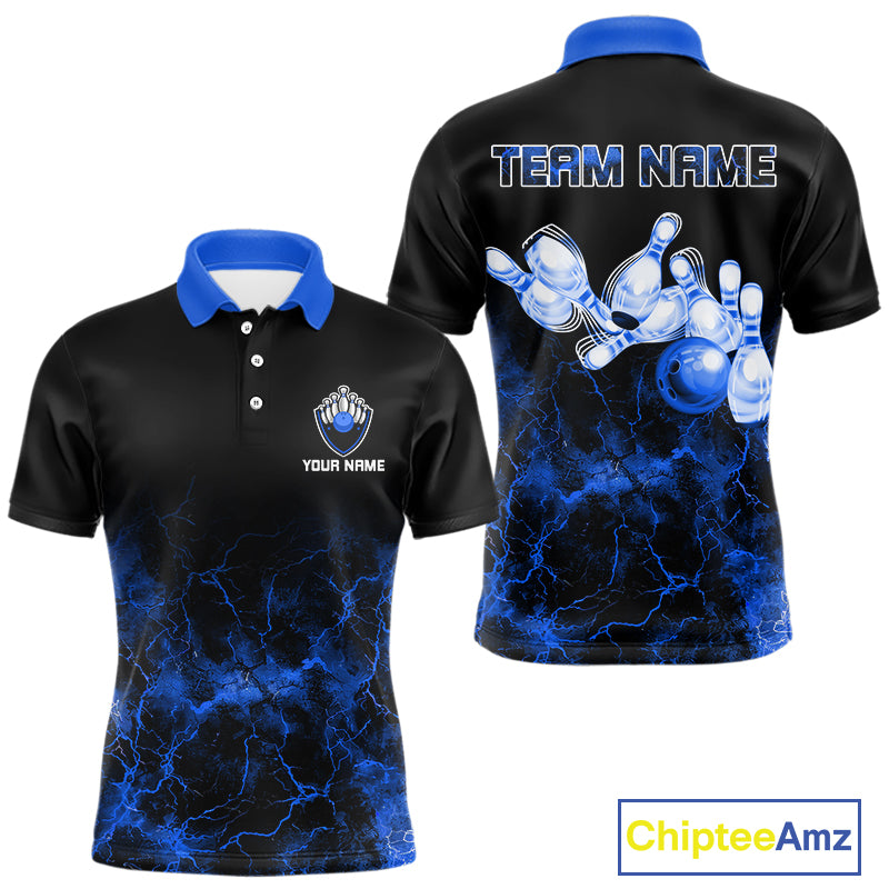 Personalized Men's bowling shirts Blue lightning Bowling Ball Pins bowling jerseys for Bowler NQS10633