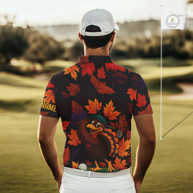 Golf Turkey Thanksgiving Mens Golf Polo Shirt Orange Autumn Leaf Custom Golf top For Men Golf Gifts NQS10637