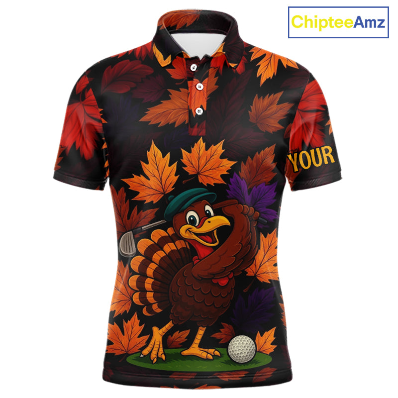 Golf Turkey Thanksgiving Mens Golf Polo Shirt Orange Autumn Leaf Custom Golf top For Men Golf Gifts NQS10637