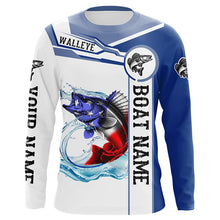 Load image into Gallery viewer, Walleye Fishing American Flag Custom name and boat name performance Long Sleeve Fishing Shirts NQS2358