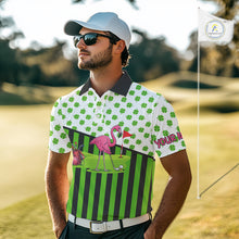 Load image into Gallery viewer, Green shamrock pattern flamingo Men golf polo shirts Custom St Patrick's Day golf outfit for men NQS11246