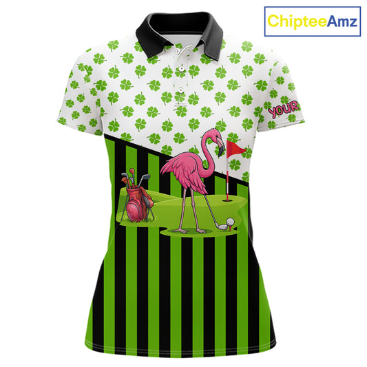 Green shamrock pattern flamingo Women golf polo shirts Custom St Patrick's Day golf outfit for ladies NQS11246