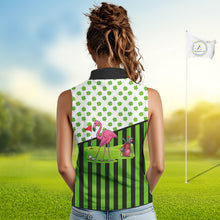 Load image into Gallery viewer, Green shamrock pattern flamingo Women&#39;s sleeveless polo shirt Custom St Patrick&#39;s Day golf outfit NQS11246