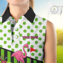 Load image into Gallery viewer, Green shamrock pattern flamingo Women&#39;s sleeveless polo shirt Custom St Patrick&#39;s Day golf outfit NQS11246