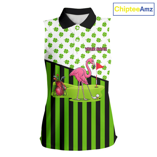 Green shamrock pattern flamingo Women's sleeveless polo shirt Custom St Patrick's Day golf outfit NQS11246