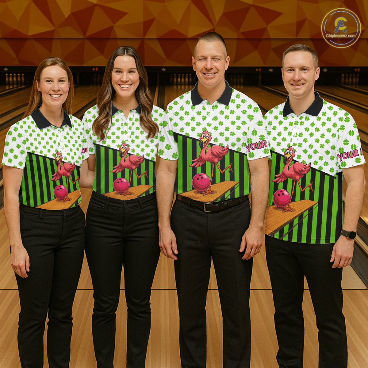 Green shamrock pattern flamingo Bowling shirts for Women Custom St Patrick's Day Team bowling outfit NQS11247