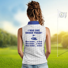 Load image into Gallery viewer, Women sleeveless polo shirt Blue and white custom I was one under today, under a tree, bush, water NQS11636