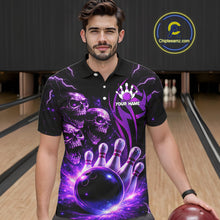 Load image into Gallery viewer, Custom Black and Purple Lightning Thunder Skull Dragon Bowling Shirts For Men, Team Bowling Jerseys NQS11641