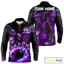 Load image into Gallery viewer, Custom Black and Purple Lightning Thunder Skull Dragon Bowling Shirts For Men, Team Bowling Jerseys NQS11641