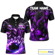 Load image into Gallery viewer, Custom Black and Purple Lightning Thunder Skull Dragon Bowling Shirts For Men, Team Bowling Jerseys NQS11641