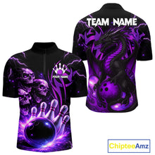 Load image into Gallery viewer, Custom Black and Purple Lightning Thunder Skull Dragon Bowling Shirts For Men, Team Bowling Jerseys NQS11641