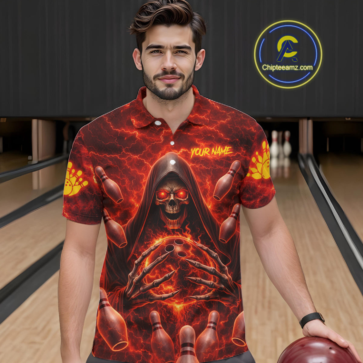 Red Lightning Thunder Skull Reaper Bowling Shirts For Men Custom Team Bowling League Jerseys NQS11642