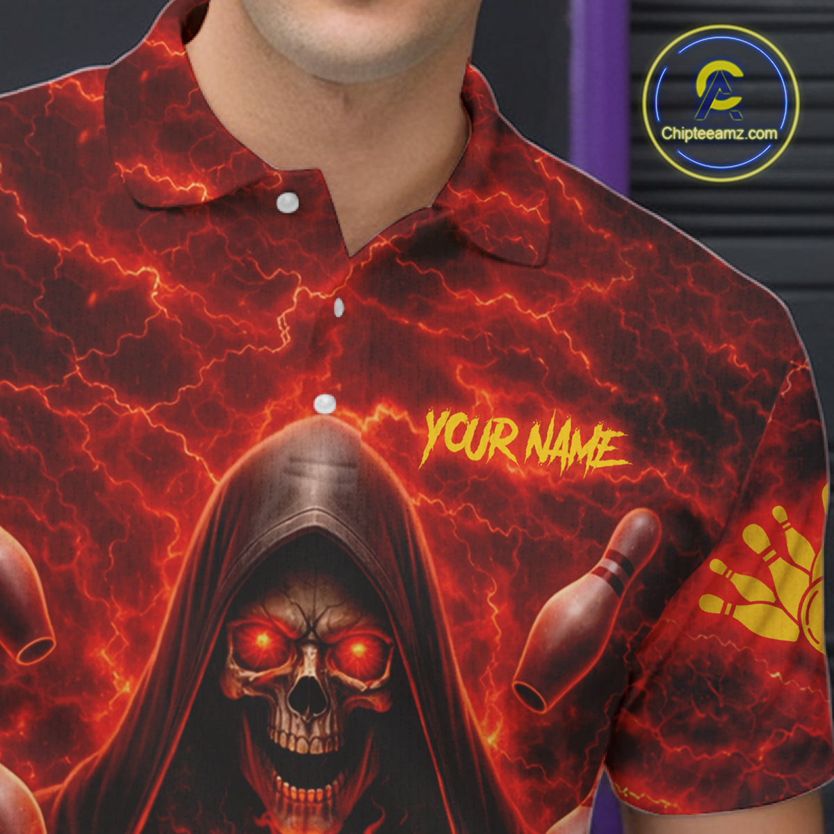 Red Lightning Thunder Skull Reaper Bowling Shirts For Men Custom Team Bowling League Jerseys NQS11642