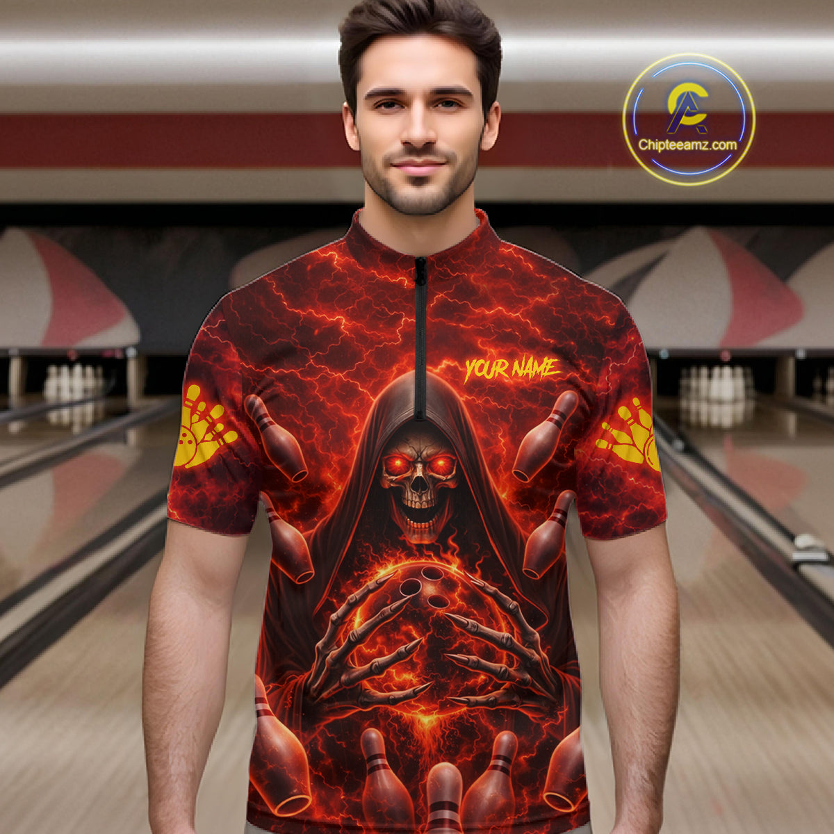 Red Lightning Thunder Skull Reaper Bowling Shirts For Men Custom Team Bowling League Jerseys NQS11642