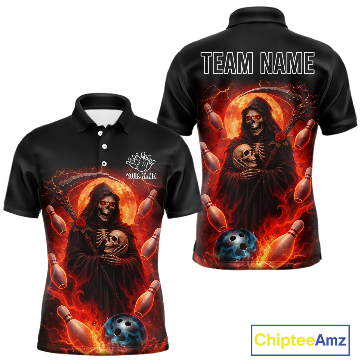 Black & Orange Lightning Thunder Moon Reaper Bowling Shirts For Men Custom Skull Team Bowling Jerseys NQS11643