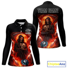 Load image into Gallery viewer, Black &amp; Orange Lightning Thunder Moon Reaper Bowling Shirt For Women Custom Skull Team Bowling Jersey NQS11643
