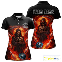 Load image into Gallery viewer, Black &amp; Orange Lightning Thunder Moon Reaper Bowling Shirt For Women Custom Skull Team Bowling Jersey NQS11643