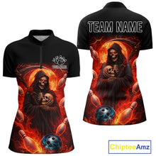 Load image into Gallery viewer, Black &amp; Orange Lightning Thunder Moon Reaper Bowling Shirt For Women Custom Skull Team Bowling Jersey NQS11643