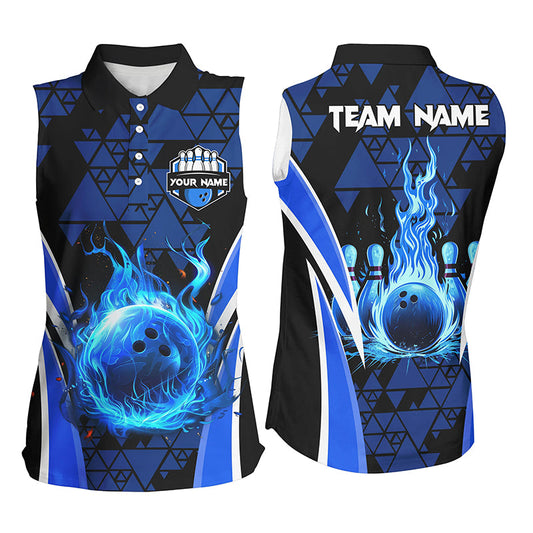 Blue triangle pattern flame bowling ball pins custom Women sleeveless Polo Shirt, team bowling jerseys NQS7464