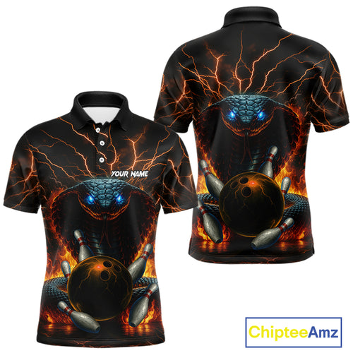Personalized Orange Flame Thunder Lightning Cobra Snake Bowling Shirt For Men, Bowling Team Jerseys NQS10641