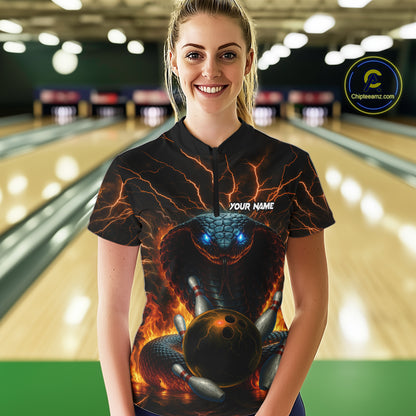 Personalized Orange Flame Thunder Lightning Cobra Snake Bowling Shirt For Women, Bowling Team Jerseys NQS10641