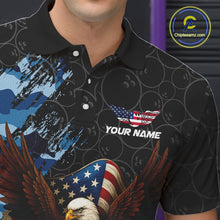 Load image into Gallery viewer, Black and Blue Camo American Flag Eagle Bowling Shirts For Men Custom Patriotic Team Bowling Jersey NQS10644