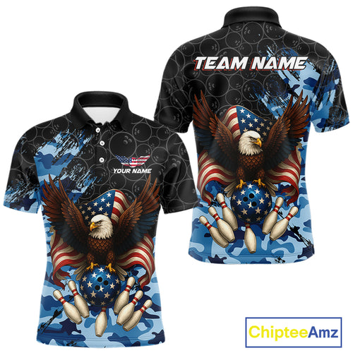 Black and Blue Camo American Flag Eagle Bowling Shirts For Men Custom Patriotic Team Bowling Jersey NQS10644
