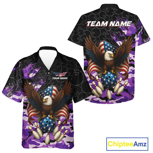Black and Purple Camo American Flag Eagle Bowling Hawaiian Shirt Custom Patriotic Team Bowling Jersey NQS10645