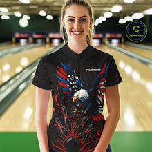 Load image into Gallery viewer, Black and Red Flame American Flag Eagle Bowling Shirts For Women Custom Patriotic Bowling Team Jersey NQS10878