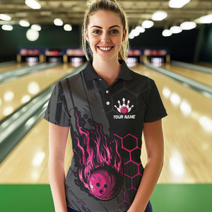 Black And Pink Flame Bowling Shirts For Women Custom Bowling Team League Jersey, Gift For Bowlers NQS9385