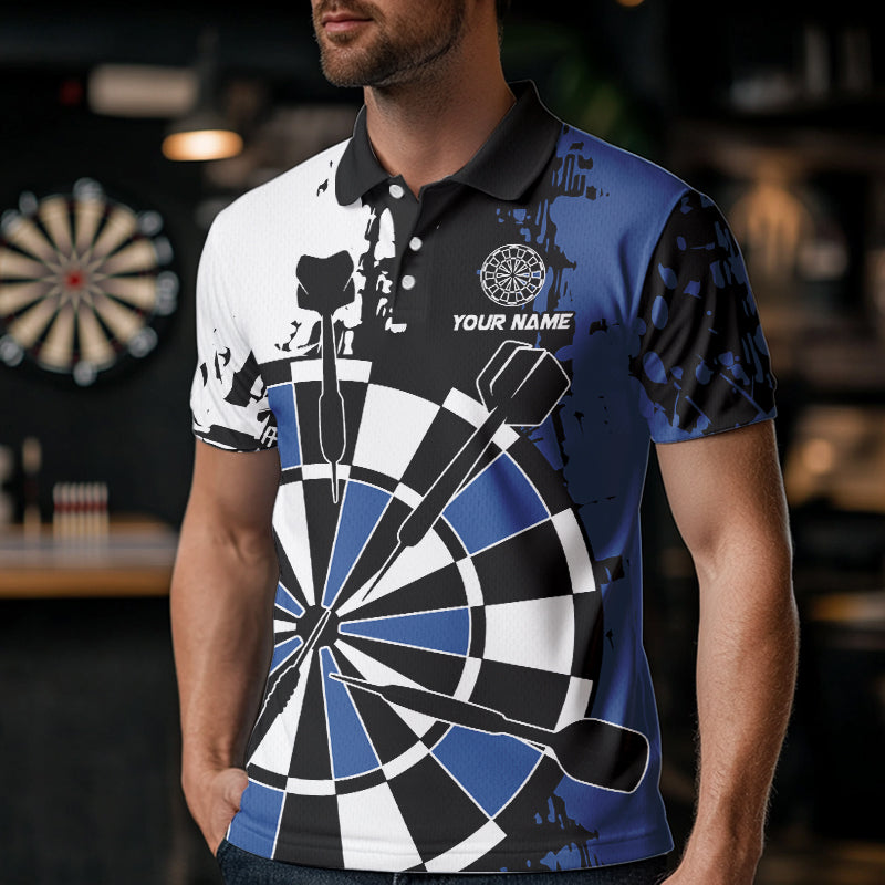 Personalized Black, Blue and White Grunge Darts Shirts For Men Custom Retro Team Darts Jersey NQS9525