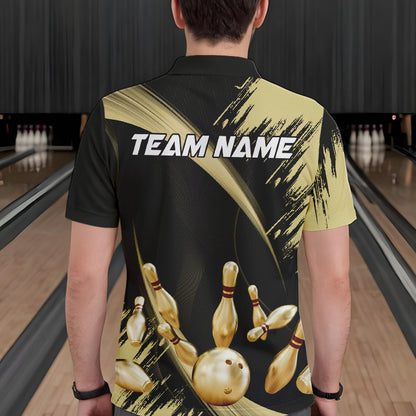 Personalized Black and Gold Bowling Polo, Quarter Zip Shirts For Mens Custom Bowling Team Jersey NQS9531