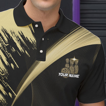 Personalized Black and Gold Bowling Polo, Quarter Zip Shirts For Mens Custom Bowling Team Jersey NQS9531