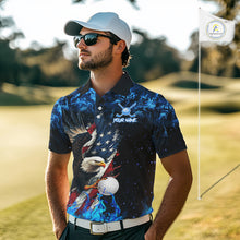 Load image into Gallery viewer, Blue Flame American Flag Eagle golf polo shirts for Men Custom patriotic mens golf outfit NQS11644