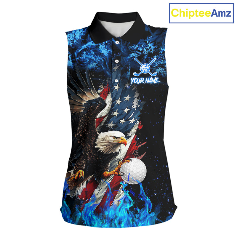 Blue Flame American Flag Eagle sleeveless golf shirts for Women Custom patriotic ladies golf outfit NQS11644