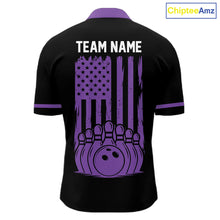 Load image into Gallery viewer, Custom Black and Purple American Flag Retro Bowling Team Shirts For Men, Patriotic Bowling Outfits NQS11650