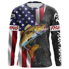 Load image into Gallery viewer, American Flag Walleye Fishing Custom long sleeve performance Fishing Shirts, Walleye Fishing jerseys NQS4925