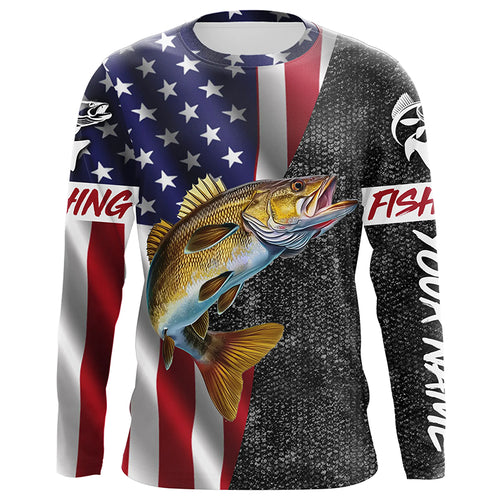 American Flag Walleye Fishing Custom long sleeve performance Fishing Shirts, Walleye Fishing jerseys NQS4925