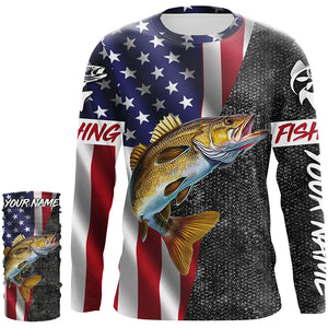 American Flag Walleye Fishing Custom long sleeve performance Fishing Shirts, Walleye Fishing jerseys NQS4925