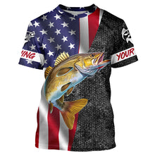 Load image into Gallery viewer, American Flag Walleye Fishing Custom long sleeve performance Fishing Shirts, Walleye Fishing jerseys NQS4925