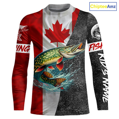 Canadian Flag Northern pike Fishing Custom long sleeve performance Fishing Shirt, pike Fishing jerseys NQS4927