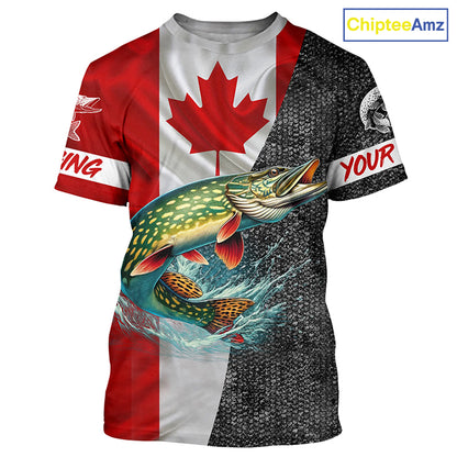 Canadian Flag Northern pike Fishing Custom long sleeve performance Fishing Shirt, pike Fishing jerseys NQS4927