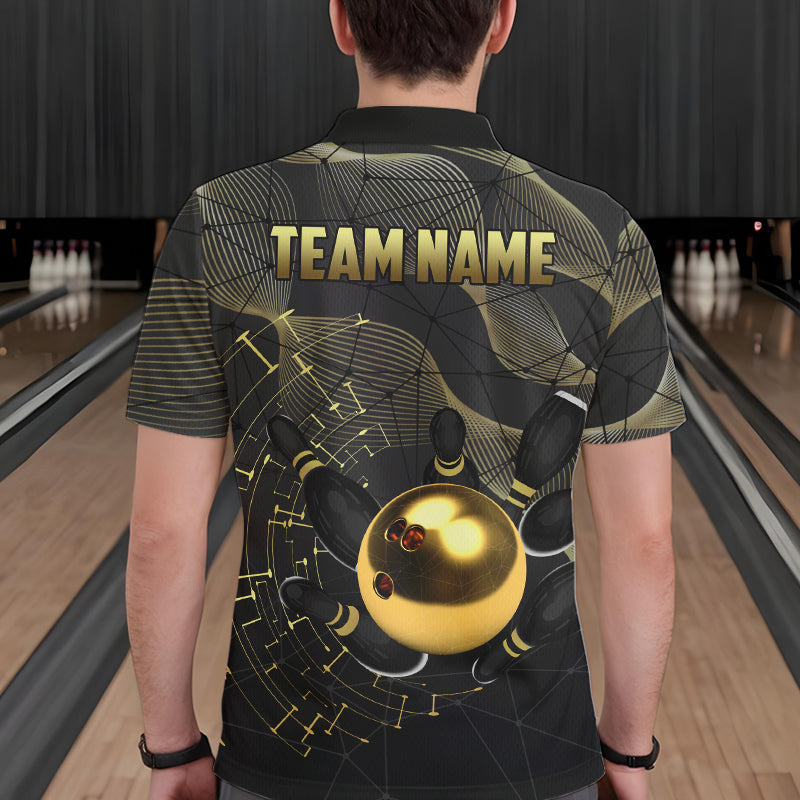 Personalized Black and Gold Bowling Polo, Quarter Zip Shirts For Men Custom Bowling Team League Jersey NQS9688