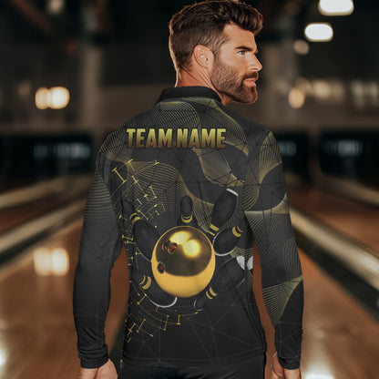 Personalized Black and Gold Bowling Polo, Quarter Zip Shirts For Men Custom Bowling Team League Jersey NQS9688