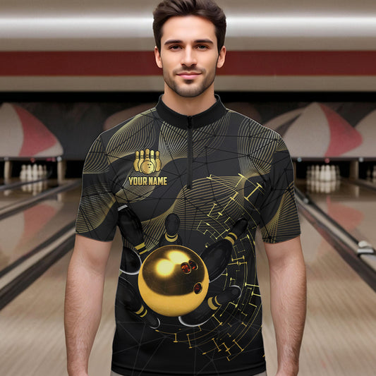Personalized Black and Gold Bowling Polo, Quarter Zip Shirts For Men Custom Bowling Team League Jersey NQS9688